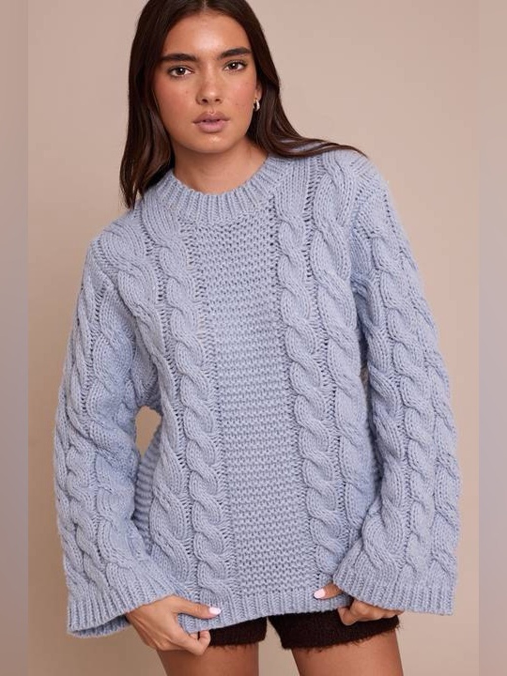 PrettyLittleThing Lavender Cable Knit Crew Sweater